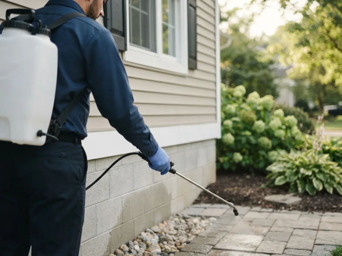 Pest control technician inspecting a home in Eldorado, IL